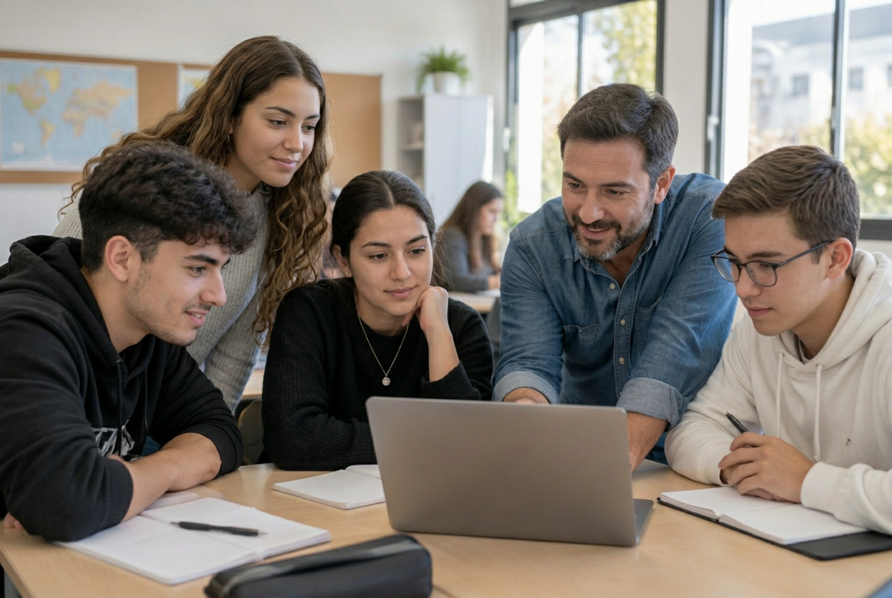 Docente revisando un plan de aprendizaje con un grupo de estudiantes en el aula